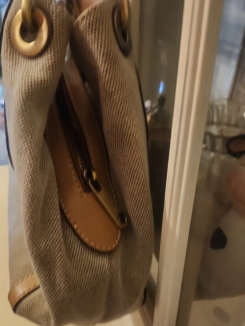 Michael Kors Beige Canvas Shoulder Bag with Tan Leather Trim